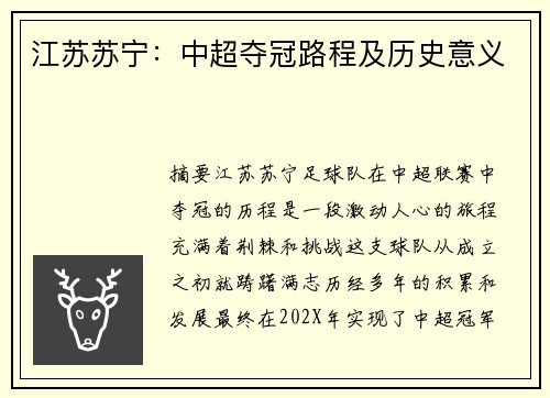 江苏苏宁：中超夺冠路程及历史意义